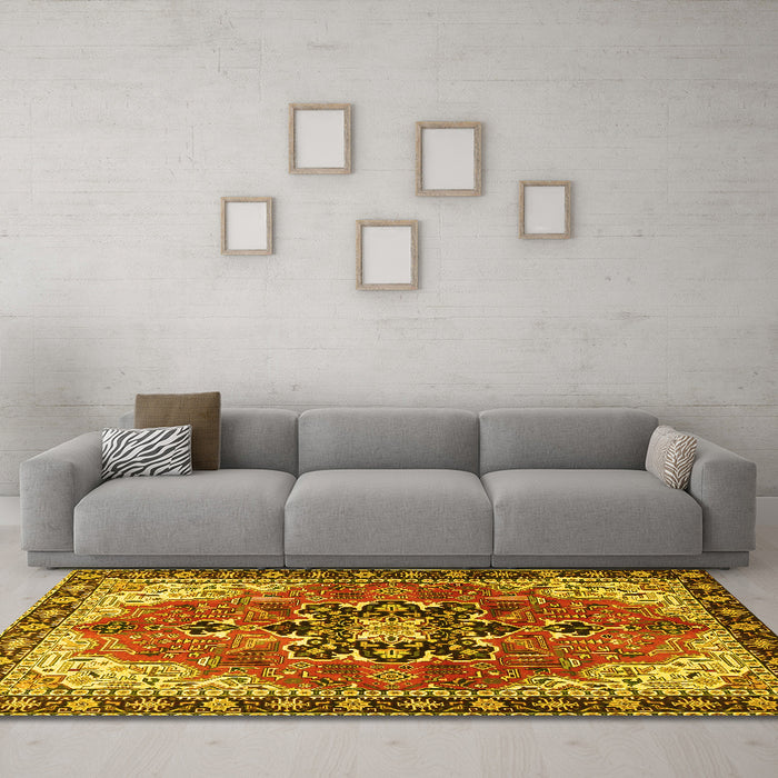 Machine Washable Medallion Yellow Traditional Rug in a Living Room, wshtr4166yw