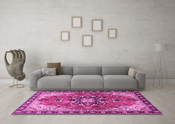 Machine Washable Medallion Pink Traditional Rug in a Living Room, wshtr4166pnk