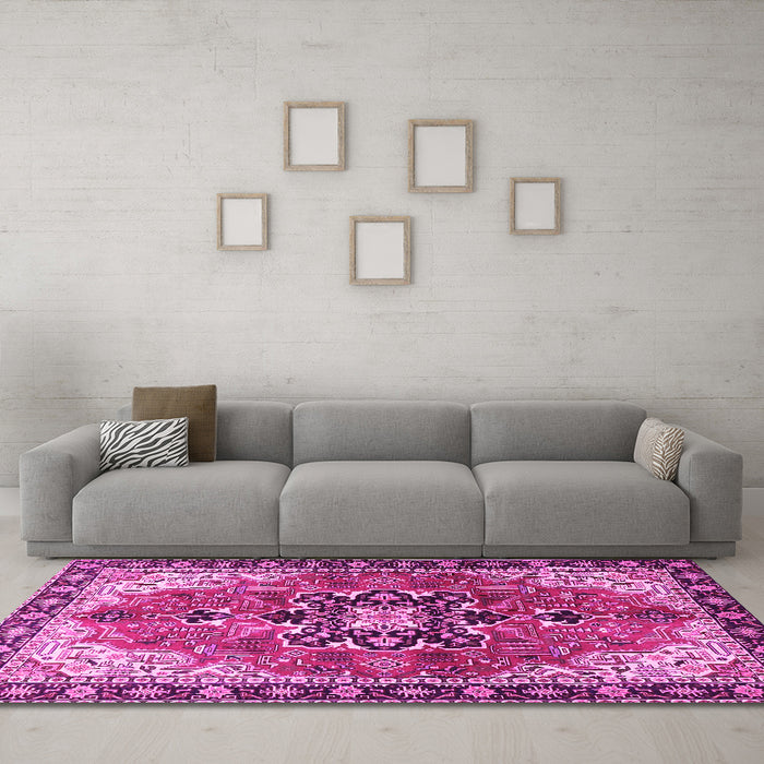 Machine Washable Medallion Pink Traditional Rug in a Living Room, wshtr4166pnk
