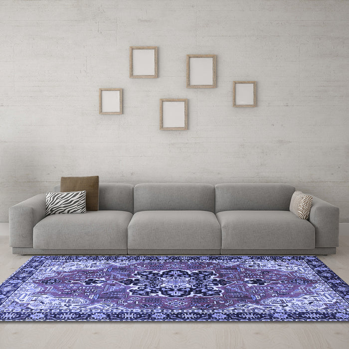Machine Washable Medallion Blue Traditional Rug in a Living Room, wshtr4166blu