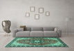 Machine Washable Medallion Turquoise Traditional Area Rugs in a Living Room,, wshtr4166turq