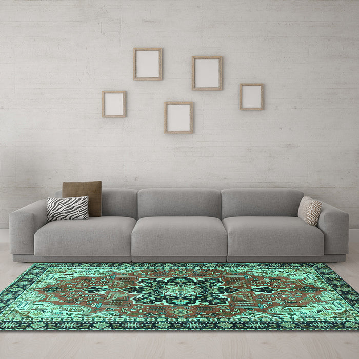Machine Washable Medallion Turquoise Traditional Area Rugs in a Living Room,, wshtr4166turq