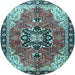 Round Machine Washable Medallion Light Blue Traditional Rug, wshtr4166lblu