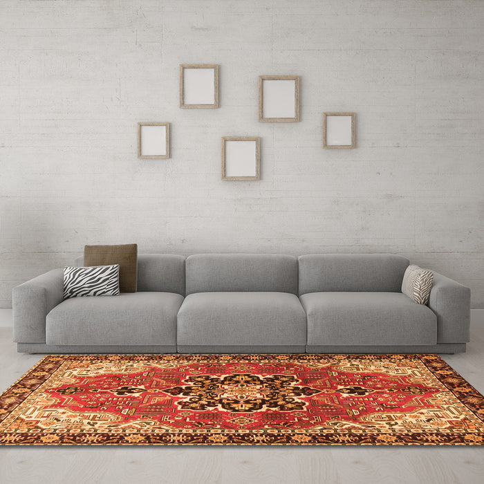Machine Washable Medallion Orange Traditional Area Rugs in a Living Room, wshtr4166org