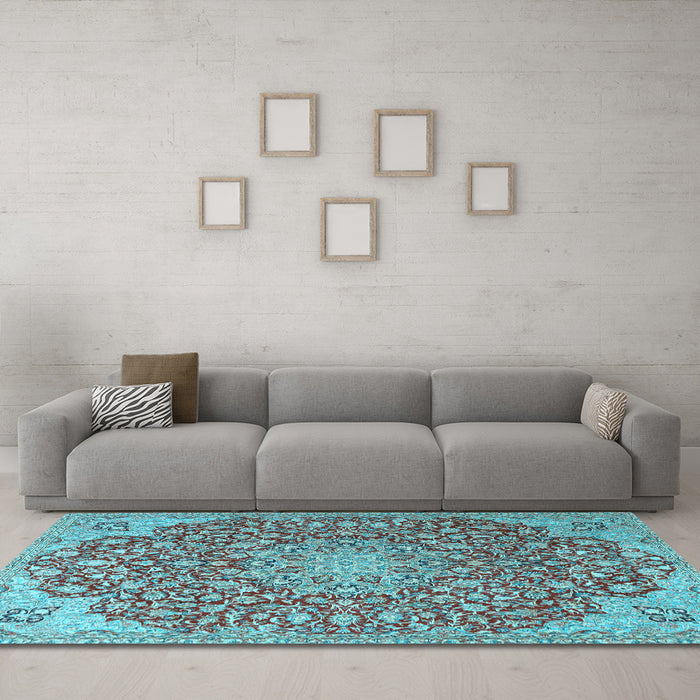 Machine Washable Medallion Light Blue Traditional Rug in a Living Room, wshtr4168lblu