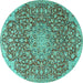 Round Machine Washable Medallion Turquoise Traditional Area Rugs, wshtr4168turq