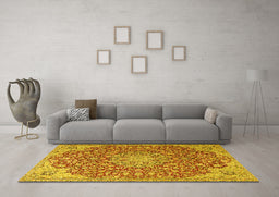 Machine Washable Medallion Yellow Traditional Rug in a Living Room, wshtr4168yw