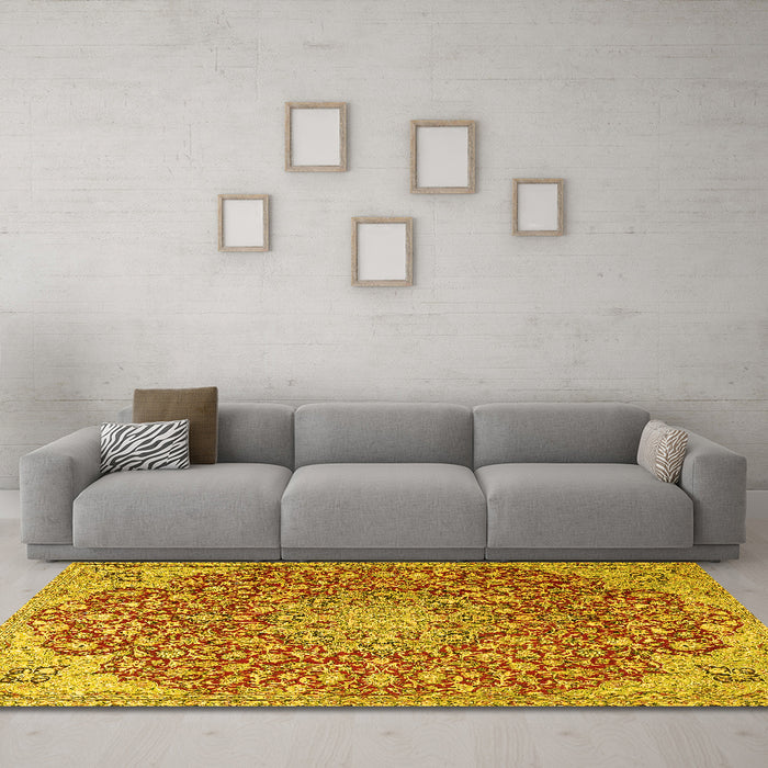 Machine Washable Medallion Yellow Traditional Rug in a Living Room, wshtr4168yw