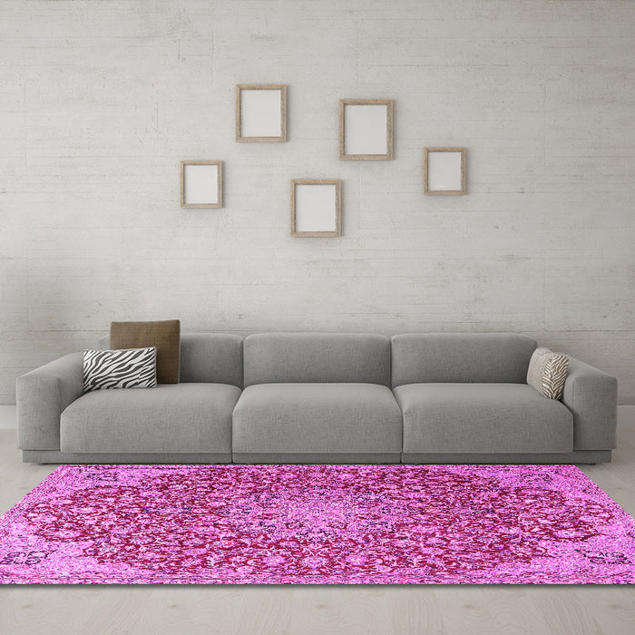 Machine Washable Medallion Pink Traditional Rug in a Living Room, wshtr4168pnk