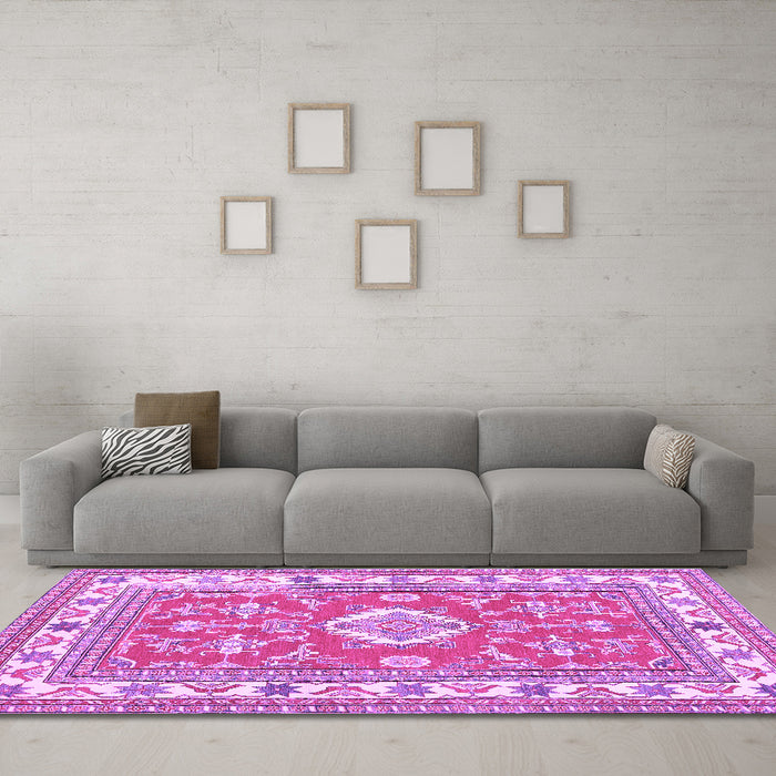 Machine Washable Geometric Purple Traditional Area Rugs in a Living Room, wshtr416pur