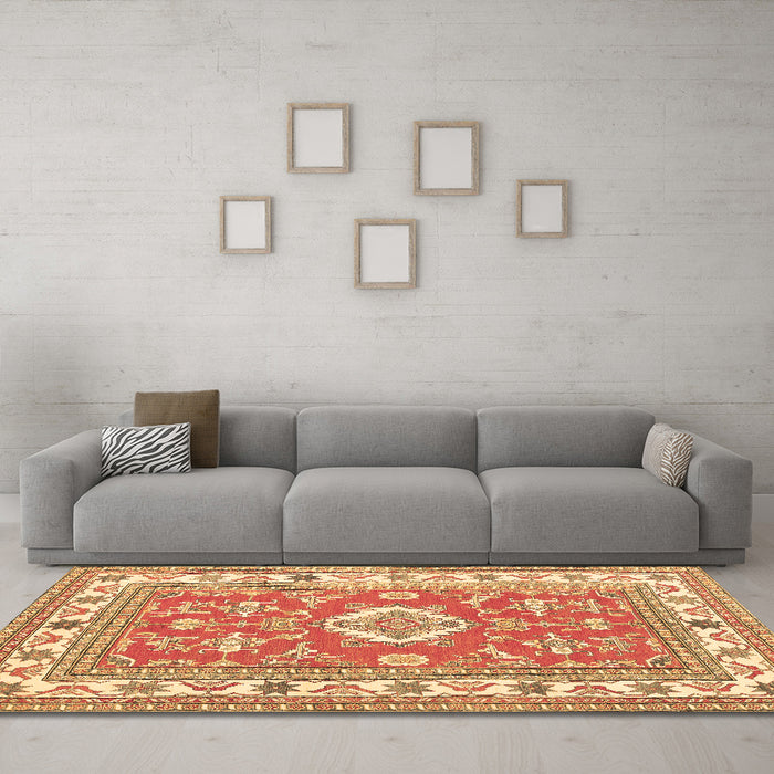 Machine Washable Geometric Brown Traditional Rug in a Living Room,, wshtr416brn
