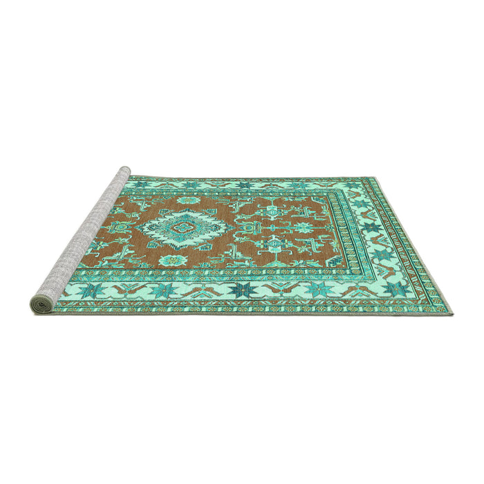 Sideview of Machine Washable Geometric Turquoise Traditional Area Rugs, wshtr416turq