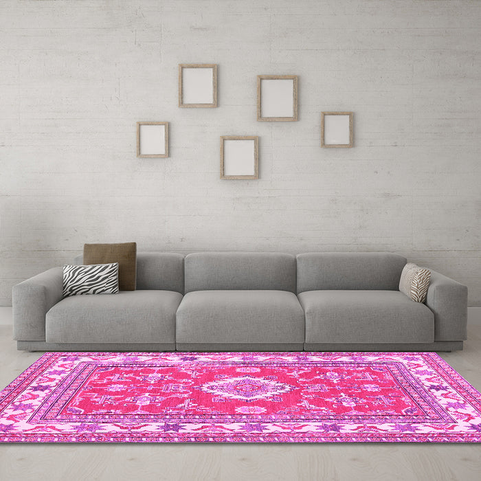 Machine Washable Geometric Pink Traditional Rug in a Living Room, wshtr416pnk
