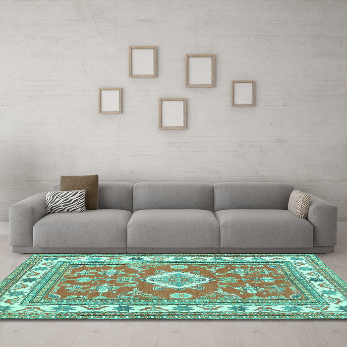 Machine Washable Geometric Turquoise Traditional Area Rugs in a Living Room,, wshtr416turq