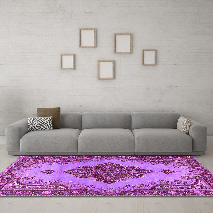 Machine Washable Medallion Purple Traditional Area Rugs in a Living Room, wshtr4171pur