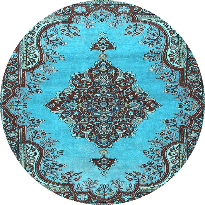 Round Machine Washable Medallion Light Blue Traditional Rug, wshtr4171lblu