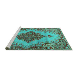 Sideview of Machine Washable Medallion Turquoise Traditional Area Rugs, wshtr4171turq