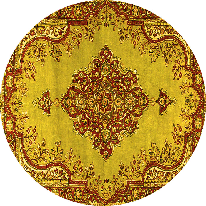 Round Machine Washable Medallion Yellow Traditional Rug, wshtr4171yw