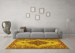 Machine Washable Medallion Yellow Traditional Rug in a Living Room, wshtr4171yw