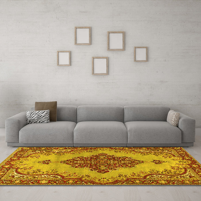 Machine Washable Medallion Yellow Traditional Rug in a Living Room, wshtr4171yw