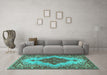 Machine Washable Medallion Turquoise Traditional Area Rugs in a Living Room,, wshtr4171turq