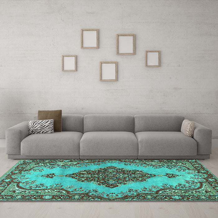 Machine Washable Medallion Turquoise Traditional Area Rugs in a Living Room,, wshtr4171turq