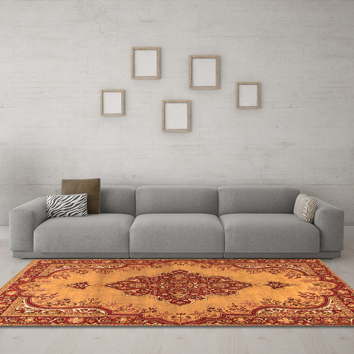 Machine Washable Medallion Orange Traditional Area Rugs in a Living Room, wshtr4171org