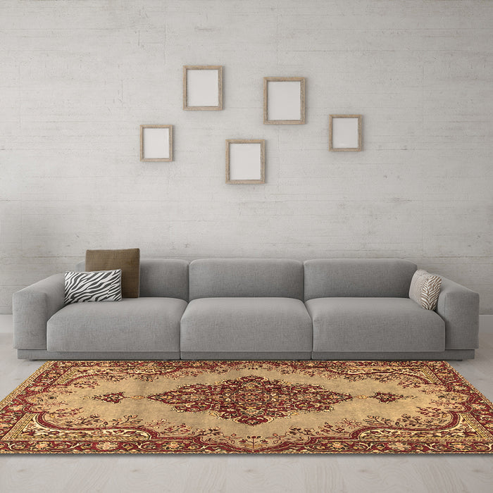 Machine Washable Medallion Brown Traditional Rug in a Living Room,, wshtr4171brn
