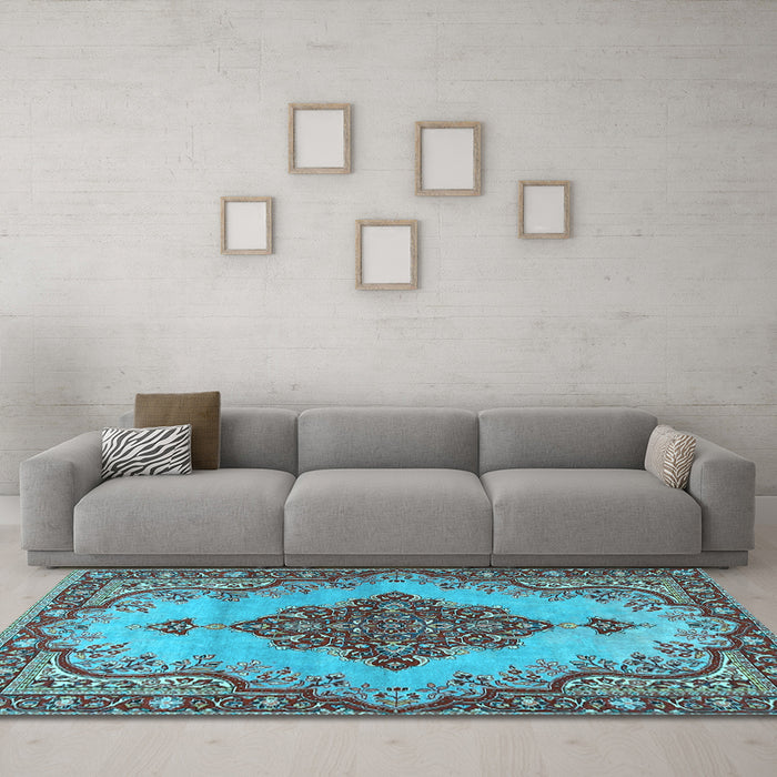 Machine Washable Medallion Light Blue Traditional Rug in a Living Room, wshtr4171lblu