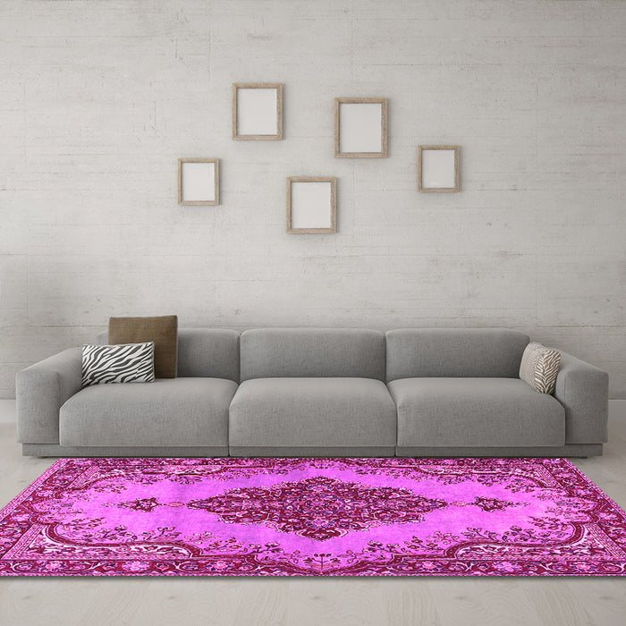 Machine Washable Medallion Pink Traditional Rug in a Living Room, wshtr4171pnk