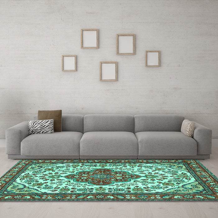 Machine Washable Medallion Turquoise Traditional Area Rugs in a Living Room,, wshtr4172turq