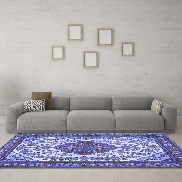 Machine Washable Medallion Blue Traditional Rug in a Living Room, wshtr4172blu