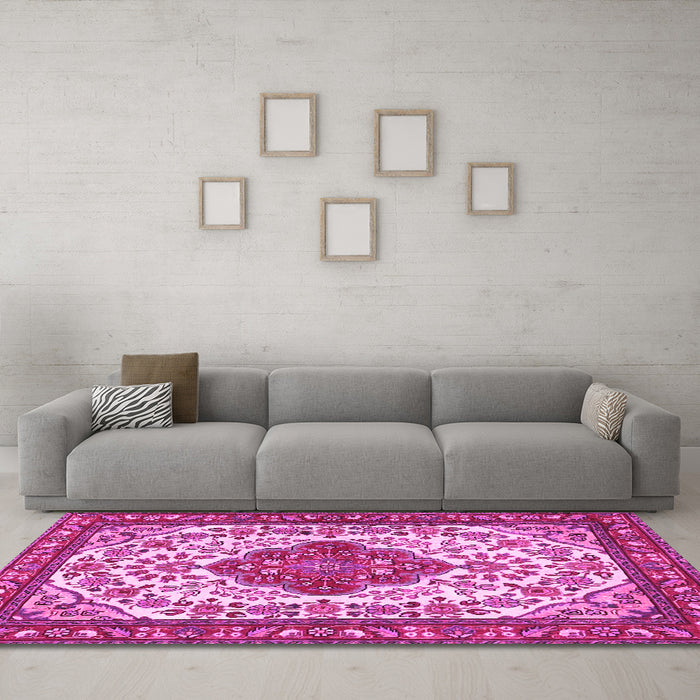 Machine Washable Medallion Pink Traditional Rug in a Living Room, wshtr4172pnk