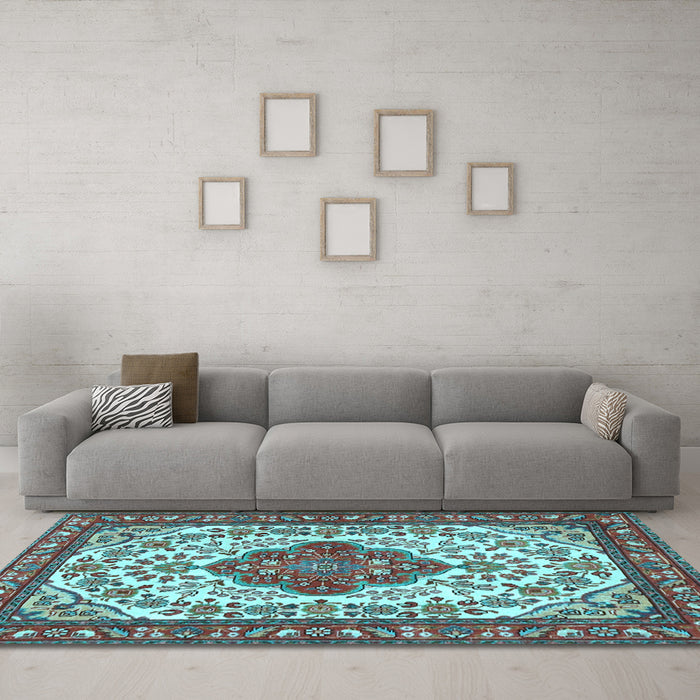 Machine Washable Medallion Light Blue Traditional Rug in a Living Room, wshtr4172lblu