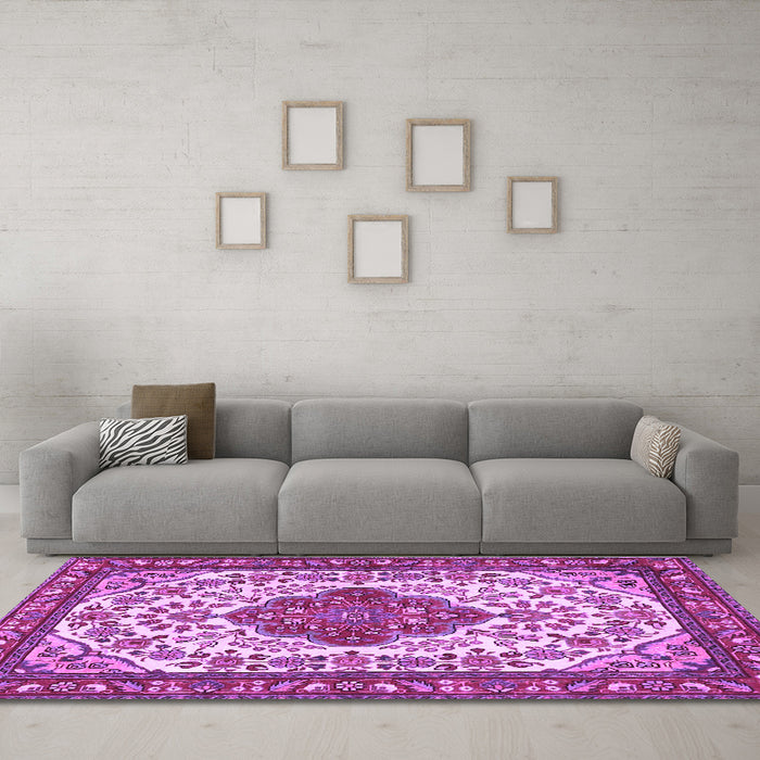 Machine Washable Medallion Purple Traditional Area Rugs in a Living Room, wshtr4172pur