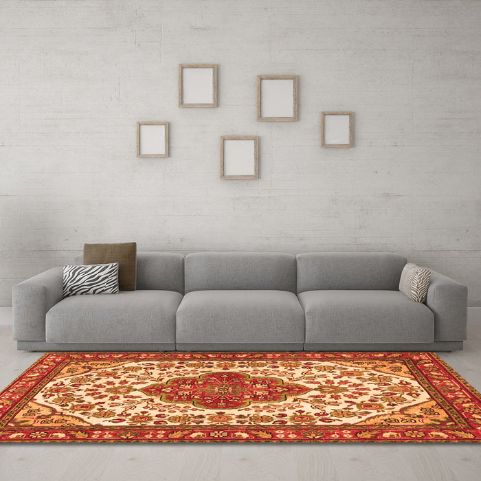 Machine Washable Medallion Orange Traditional Area Rugs in a Living Room, wshtr4172org