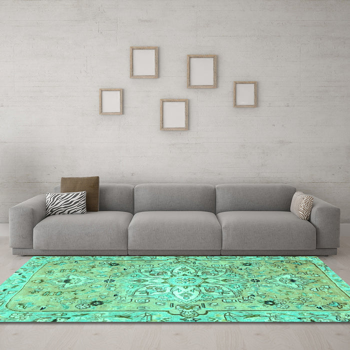 Machine Washable Persian Turquoise Traditional Area Rugs in a Living Room,, wshtr4173turq