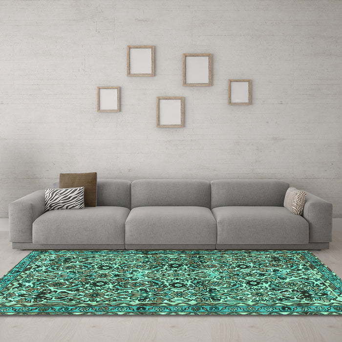 Machine Washable Persian Turquoise Traditional Area Rugs in a Living Room,, wshtr4174turq