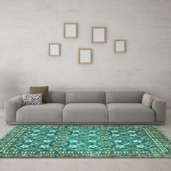 Machine Washable Persian Turquoise Traditional Area Rugs in a Living Room,, wshtr4175turq