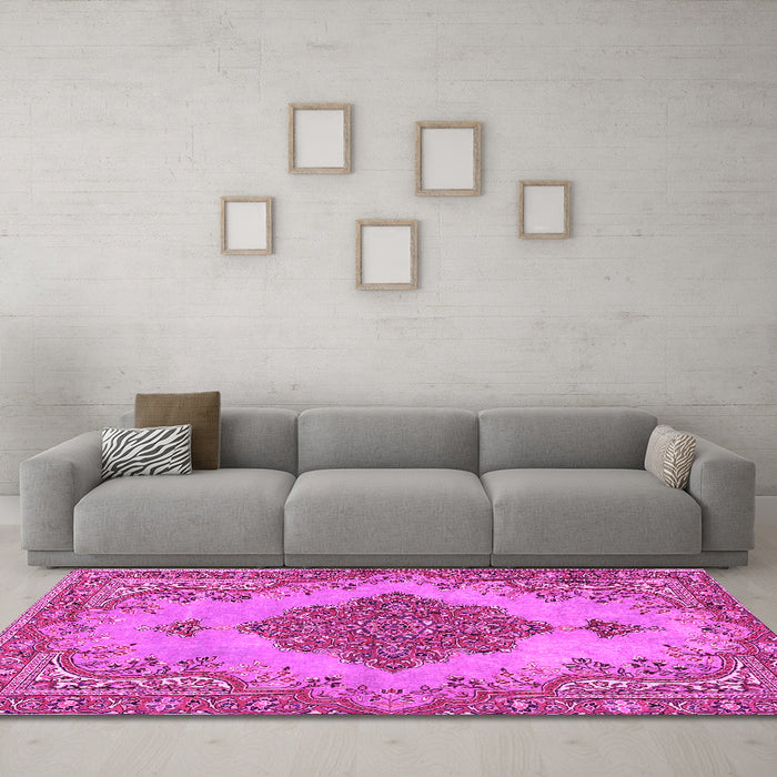 Machine Washable Persian Pink Traditional Rug in a Living Room, wshtr4176pnk