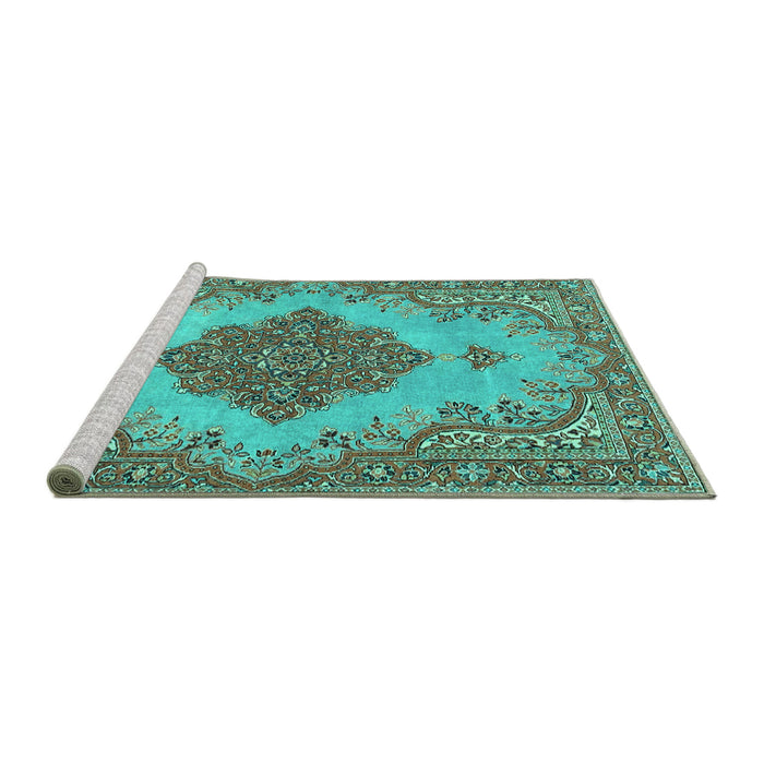 Sideview of Machine Washable Persian Turquoise Traditional Area Rugs, wshtr4176turq