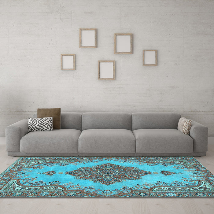 Machine Washable Persian Light Blue Traditional Rug in a Living Room, wshtr4176lblu