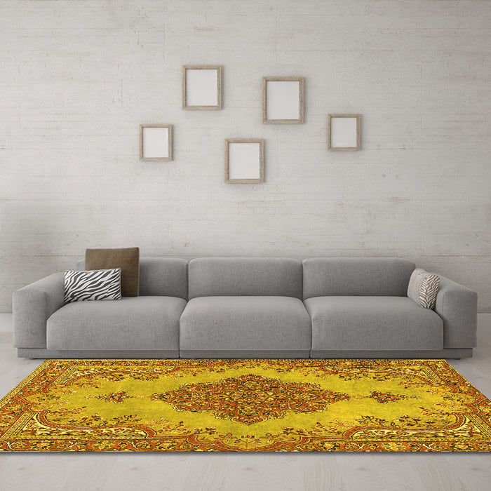 Machine Washable Persian Yellow Traditional Rug in a Living Room, wshtr4176yw