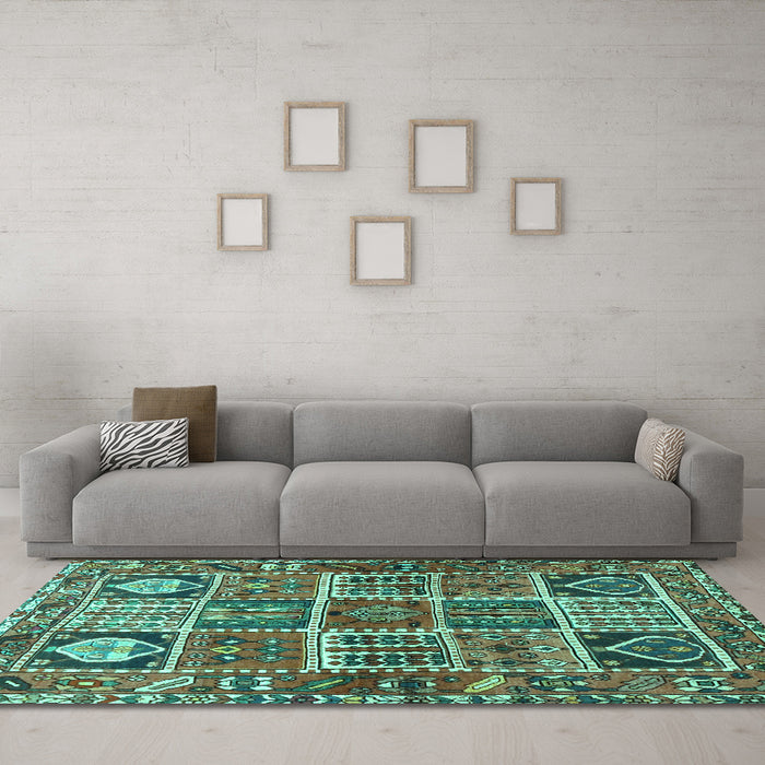 Machine Washable Persian Turquoise Traditional Area Rugs in a Living Room,, wshtr4177turq
