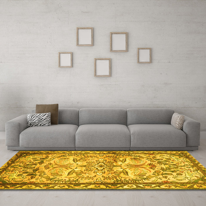Machine Washable Persian Yellow Traditional Rug in a Living Room, wshtr4178yw