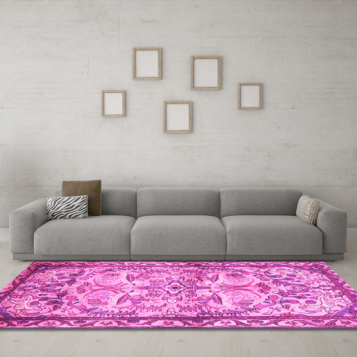 Machine Washable Persian Pink Traditional Rug in a Living Room, wshtr4178pnk