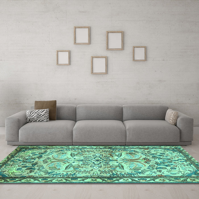 Machine Washable Persian Turquoise Traditional Area Rugs in a Living Room,, wshtr4178turq