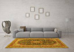 Machine Washable Medallion Yellow Traditional Rug in a Living Room, wshtr417yw
