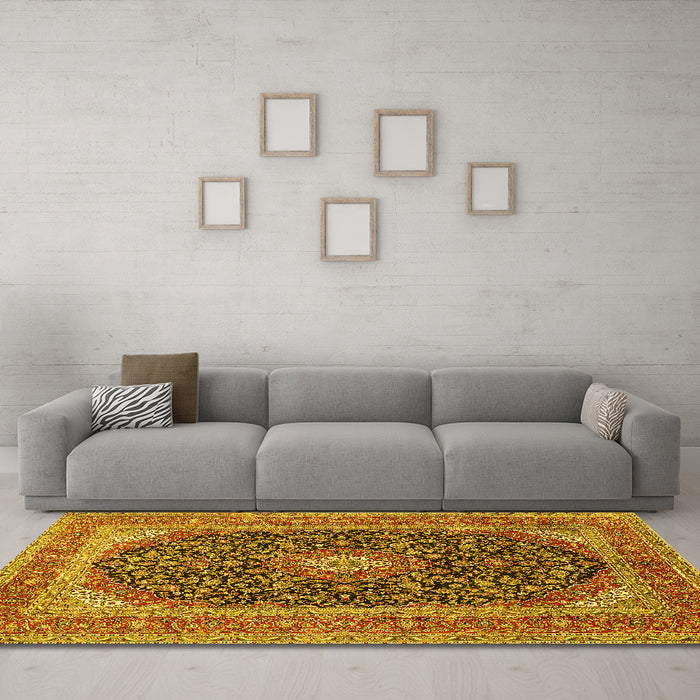 Machine Washable Medallion Yellow Traditional Rug in a Living Room, wshtr417yw