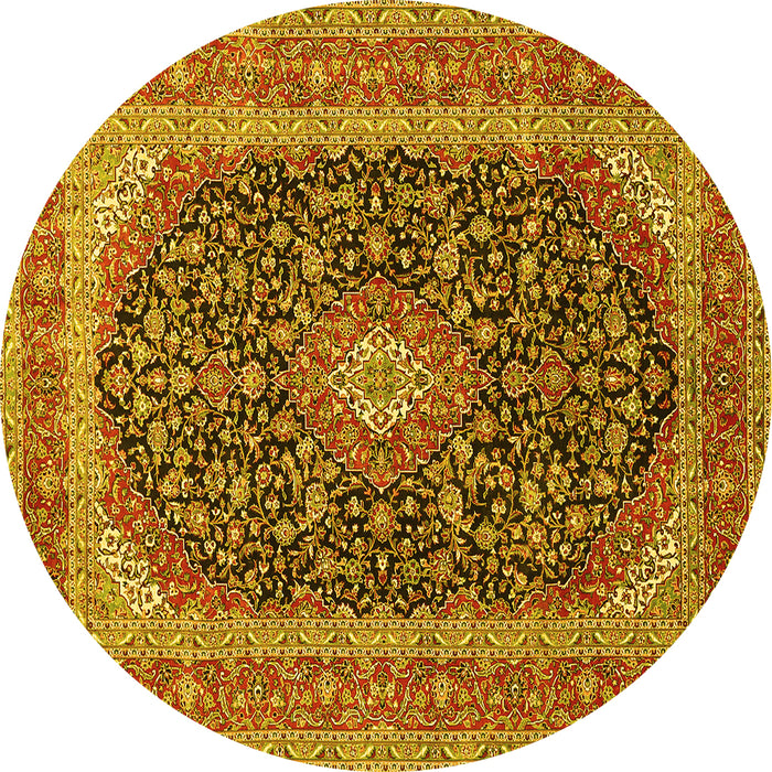Round Machine Washable Medallion Yellow Traditional Rug, wshtr417yw